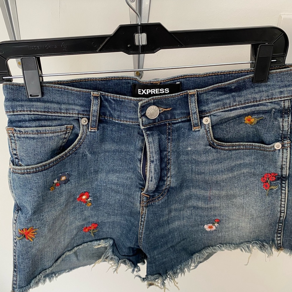 Express Midi High Rise Embroidered Denim Cutoffs